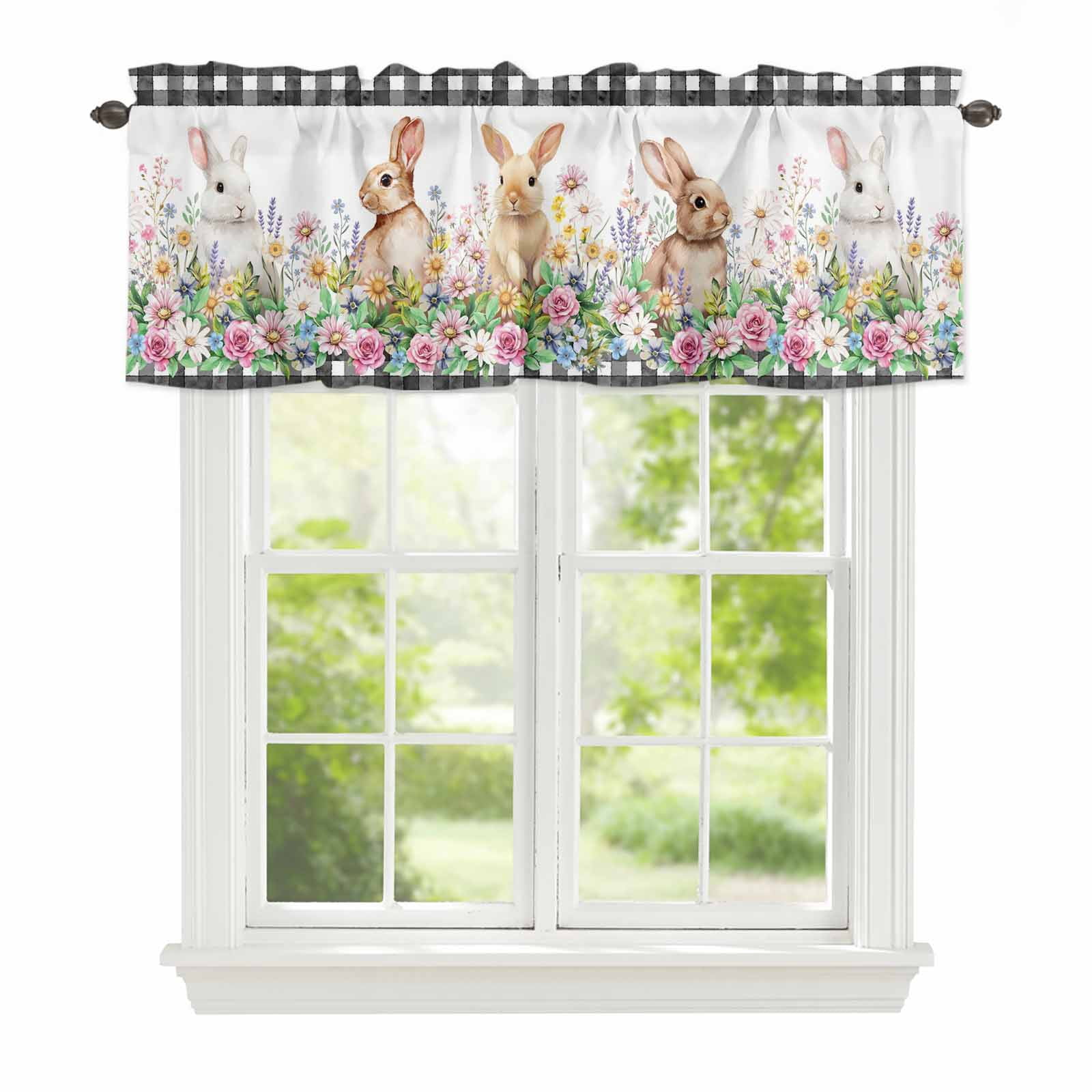 Window Ledge For Rabbits Spring Rabbits Window Valance for Kitchen, Pink Rose Purple Flowers ...