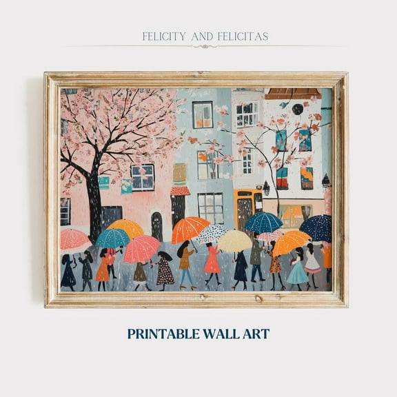 Spring Rain Wall Art, Cute Umbrella Artwork, Modern Farmhouse Decor, Colorful Spring Village Canva, Wall Art, Modern Wall Decor, 16x24 UNFRAMED
