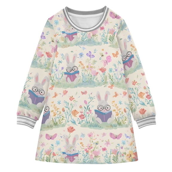 Spring Reading Bunnies Girls'long-sleeved dress Thickened A-dress Warm Dress Basic Shirt Party Dresses