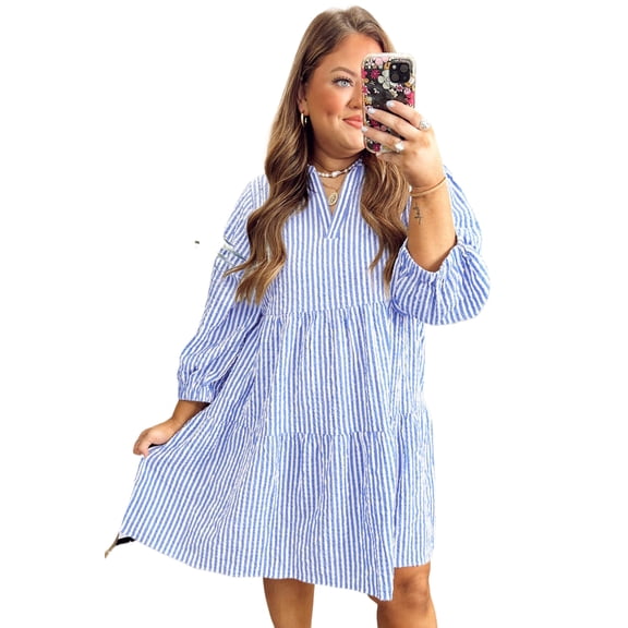 Spring Ready Women's Seersucker Dress in Sky Blue Stripe – Perfect for Daily Wear, 2X