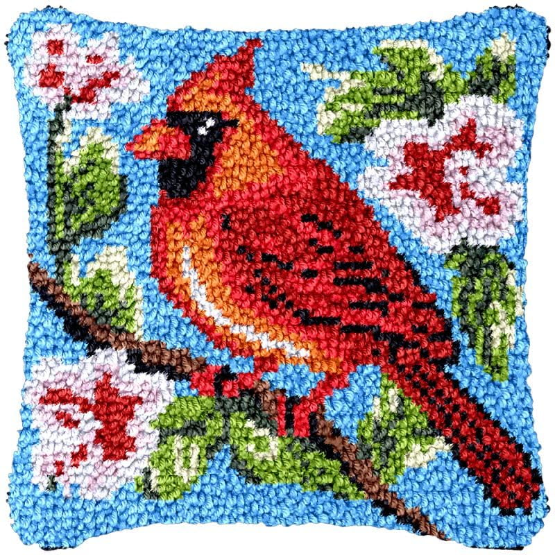 Spring Red Bird Latch Hook Pillowcase Kits for Adults and Starter DIY Cushion Cross Stitch Latch Hook Rug Kits with Preprinted Canvas Crochet Yarn Kits Needlework Crafts 17'' X 17''