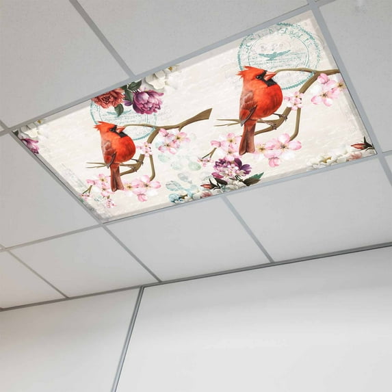 Spring Red Bird Magnetic Fluorescent Light Covers for Ceiling Lights 2x4Ft, Summer Vintage Branch Floral Beige Office Classroom Kitchen Drop Ceiling Light Covers Lighting Filters Shade Panel 1 Pack