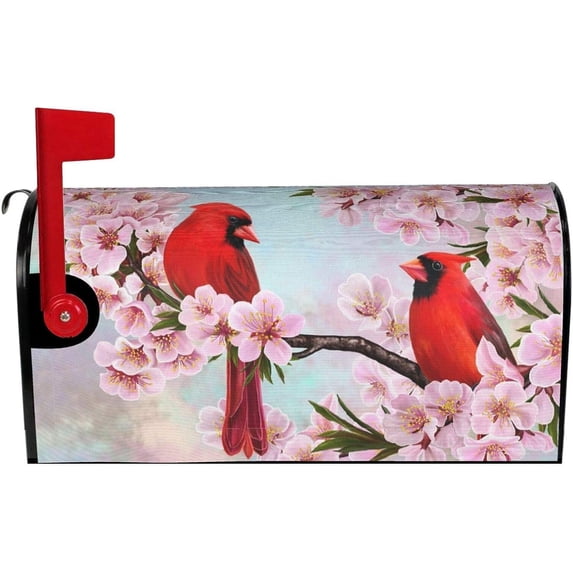 Spring Red Birds Mailbox Cover Mailbox Wraps, Waterproof Mailbox Covers Magnetic Post Box Cover Standard Size 21"(L) x 18"(W) Garden Yard Outside Farmhouse Home Decor