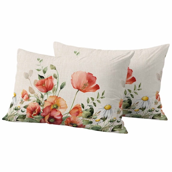 Spring Red Floral Pillow Covers 2 Pack Summer Poppy Flowers Eucalyptus Retro Linen Pillowcase Waterproof Outdoor Throw Pillow Cover for Patio Balcony Rectangular Cushion 20”x12”