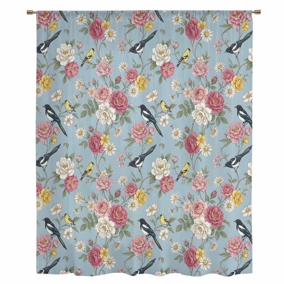 Spring Red Floral Sheer Curtains 96" Long, Daiy Birds Farmhouse Blue Botanical Light Filering Curtains, Privacy Drapes Simi Floor to Veiling Curtain for Living Room Bedroom Large Window Treatment