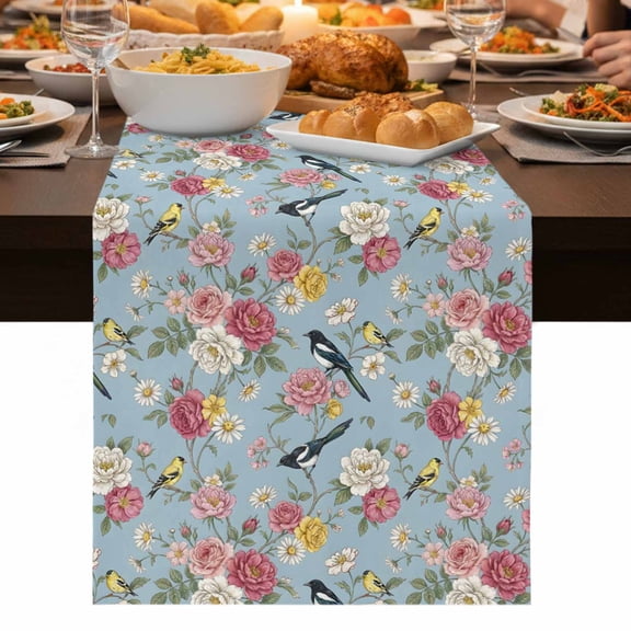 Spring Red Floral Table Runner 60 Inch Long Dresser Scarves Linen Tablerunners Daiy Birds Farmhouse Blue Botanical Dining Kitchen Burlap Table Setting Decor for Wedding Party Holiday Coffee, 13"x60"