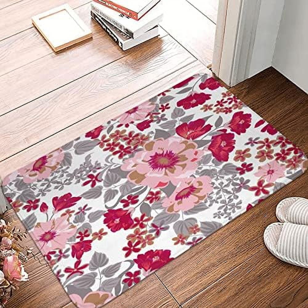 Spring Red Flower Pattern Door Mat 16x24 Inch Sponge Velvet Surface ...