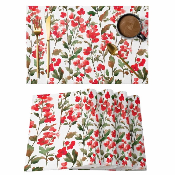 Spring Red Flower Placemats Set of 1, Watercolor Gradient Plant Non-Slip Place Mats Washable Table Mats for Kitchen Dining Table Decorations Indoor/Outdoor