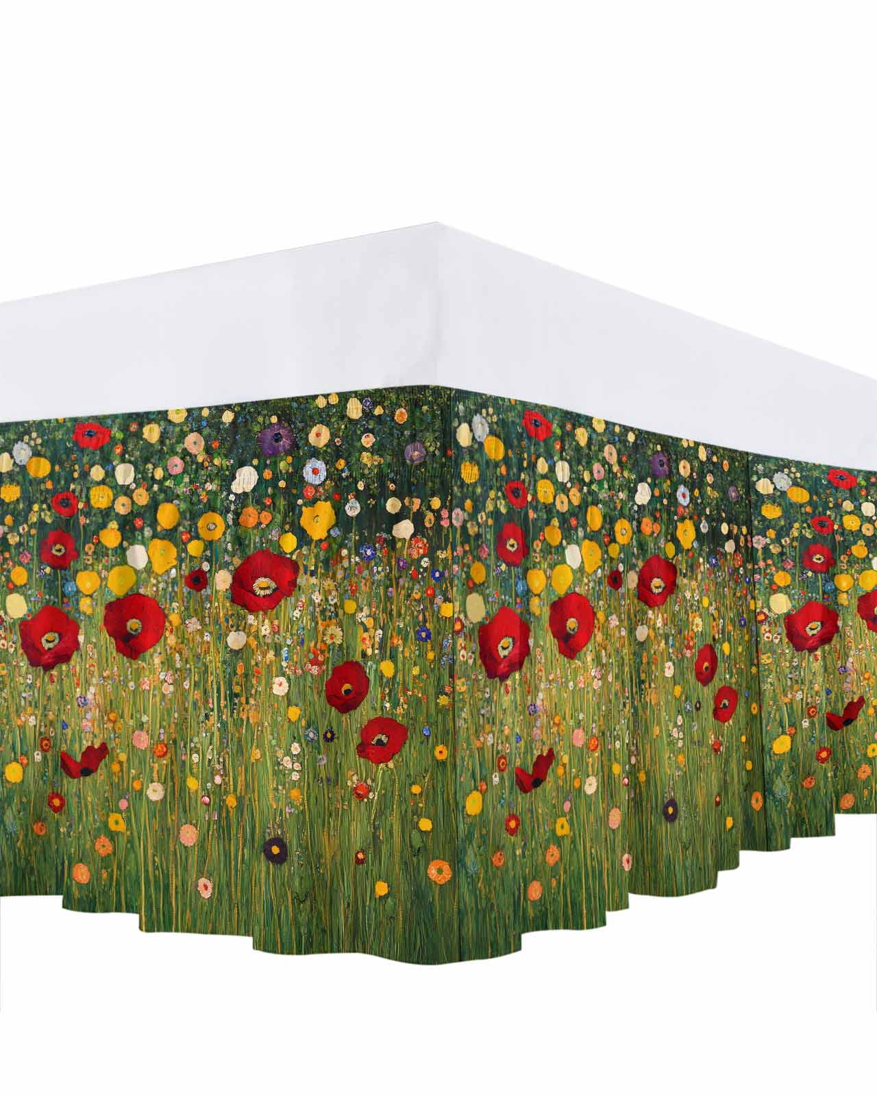 Spring Red Flower Ruffle Bed Skirt Queen Size Retro Pastoral Oil Painting Adjustable Elastic Dust Bed Skirts Wrap Around Bedskirt Wrinkle Free Easy Fit with 18 Inch Drop
