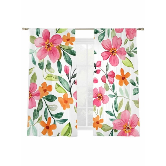 Spring Red Flower Sheer Curtains 63 Inch Long 2 Panels, Watercolor Floral Leaf Garden Light Filtering Rod Pocket Semi Sheer Curtains, Sheer Voile Drapes for Living Room Bedroom, 52"x63"