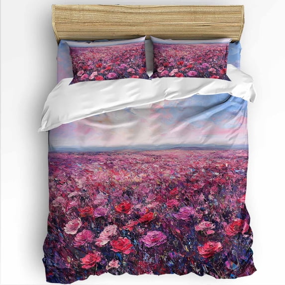 Spring Red Flowers King Size Comforter Set, Pastoral Oil Painting Texture Soft Bedding for All Seasons, 4 Pcs Bed Set with 1Comforter (90"x106") ,1 Sheet(94"x116"), 2 Pillowcases (19"x35")
