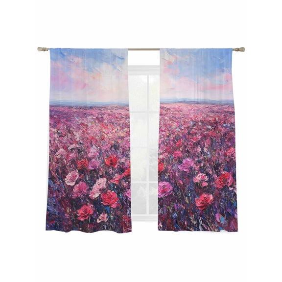 Spring Red Flowers Sheer Curtains 72 Inch Long 2 Panels, Pastoral Oil Painting Texture Light Filtering Rod Pocket Semi Sheer Curtains, Sheer Voile Drapes for Living Room Bedroom, 52"x72"