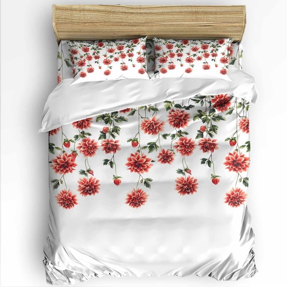 Spring Red Flowers Twin Size Comforter Set, Nature Plants Watercolor Floral Soft Bedding for All Seasons, 4 Pcs Bed Set with 1 Comforter (68"x86") ,1Sheet(66"x116"), 2 Pillowcases (19"x29")