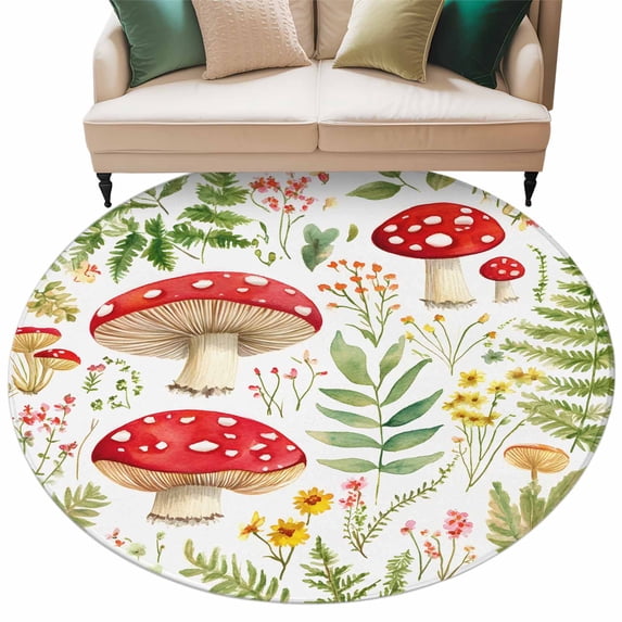 Spring Red Mushroom Round Area&nbsp;Rug 5ft Country Watercolor Green Leaf Yellow Flower Non-Slip&nbsp;Washable Circle Rugs Soft Felt Indoor Floor Mat for Bedroom Kitchen Living Room Bathroom