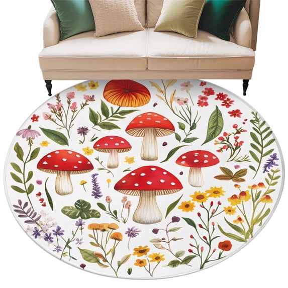 Spring Red Mushroom Round Area Rug 7ft Country Farm Watercolor Colorful Flower Green Leaf Non-Slip Washable Circle Rugs Soft Felt Indoor Floor Mat for Bedroom Kitchen Living Room Bathroom
