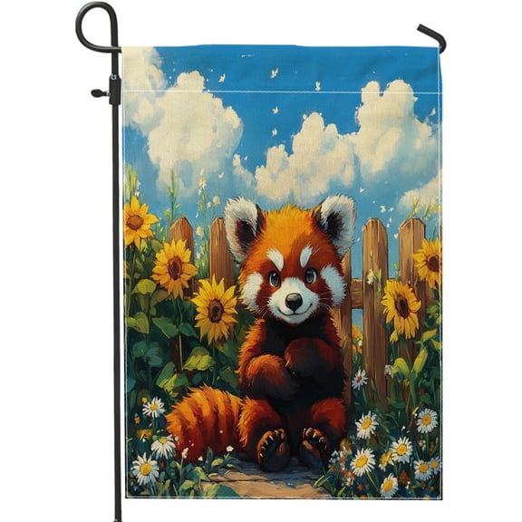 Spring Red Panda Garden Flag 12x18 Inch Sunflower Fence Animal Design Vertical Linen Flag for Front Yard Backyard Lawn Outdoor Decoration