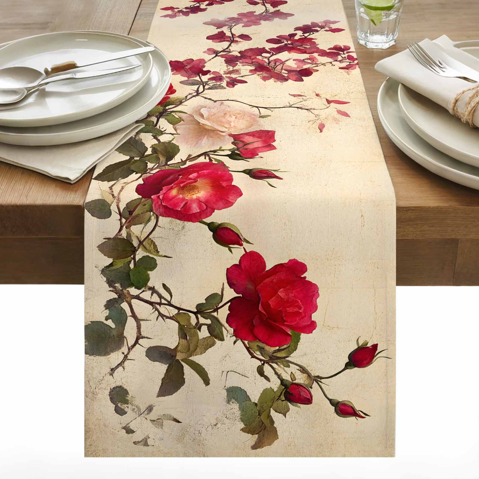 Spring Red Rose Table Runner 13x90 inch Country Watercolor Red Floral Green Leaf Linen Cotton Linen Dining Table Runner Ideal for Dresser Kitchen Coffee Tables - Machine Washable
