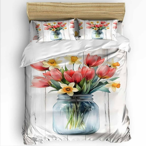 Spring Red Tulip Twin Size Comforter Set, Watercolor Flower Wood Grain Soft Bedding for All Seasons, 4 Pcs Bed Set with 1 Comforter (68"x86") ,1Sheet(66"x116"), 2 Pillowcases (19"x29")