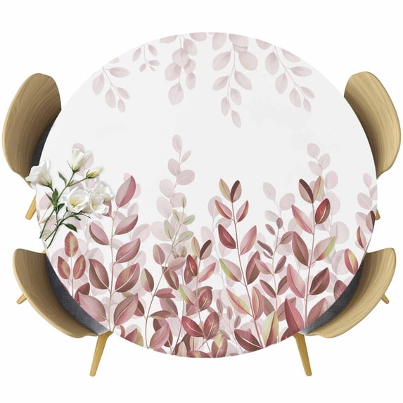 Spring Reddish Brown Eucalyptus Round Tablecloth, Fitted Table Cover with Elastic for 45"-54" Round Tables, Botanical Leaf Country Table Cloth Outdoor Indoor Dinning Party Waterproof Tablecloths