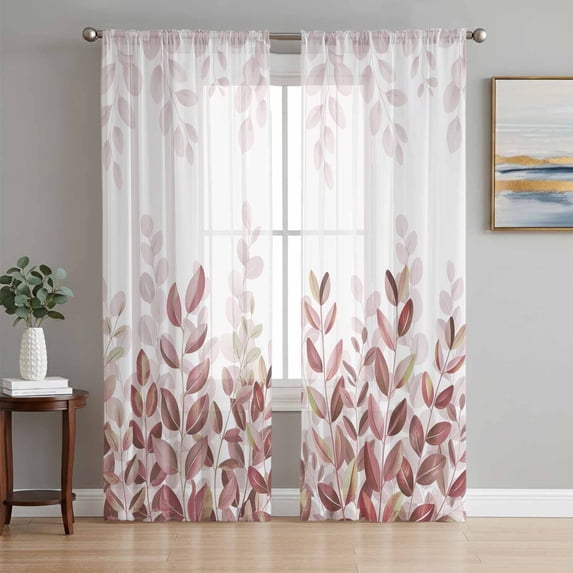 Spring Reddish Brown Eucalyptus Sheer Curtains 96 Inch Length 2 Panels Set Window Treatments, Botanical Leaf Country Rod Pocket Semi Curtains for Living Room/Bedroom/Kitchen Décor, 104"W x 96"L