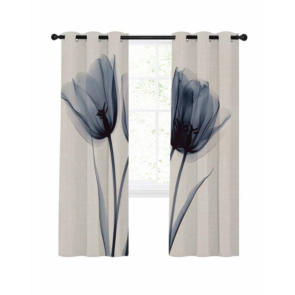 Spring Retro Blackout Curtains 84 Inch Length X-ray Image of Black Tulip Flower Thermal Insulated Window Curtain Window Drapes 2 Panels for Bedroom Living Room 42"Wx84"L