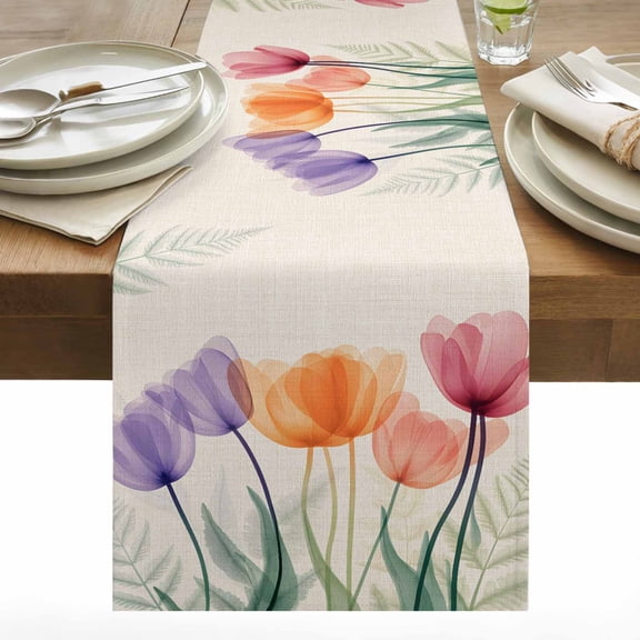 Spring Retro Cotton Linen Table Runner Orange Purple Red X-ray Tulips Flower Leaf Dining Table Runners for Home Decor Party Dining Room Restaurant Kitchen 13" x 36"