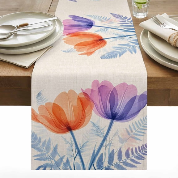 Spring Retro Cotton Linen Table Runner Orange Purple X-ray Tulips Floral Fern Leaf Dining Table Runners for Home Decor Party Dining Room Restaurant Kitchen 13" x 60"
