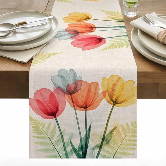 Spring Retro Cotton Linen Table Runner Orange Yellow Red X-ray Tulips Flower Leaf Dining Table Runners for Home Decor Party Dining Room Restaurant Kitchen 13" x 36"