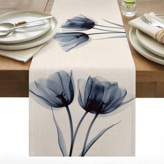 Spring Retro Cotton Linen Table Runner X-ray Image of Black Tulip Flower Dining Table Runners for Home Decor Party Dining Room Restaurant Kitchen 13" x 36"