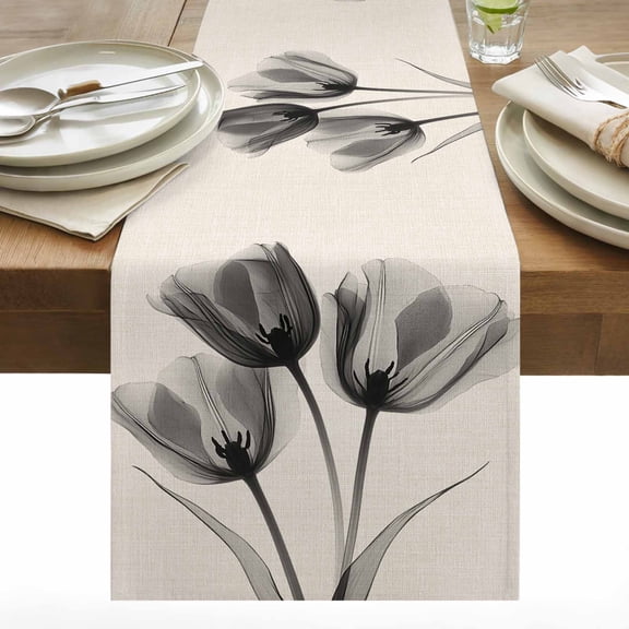 Spring Retro Cotton Linen Table Runner X-ray Image of Black Tulips Floral Leaf Beige Dining Table Runners for Home Decor Party Dining Room Restaurant Kitchen 13" x 48"