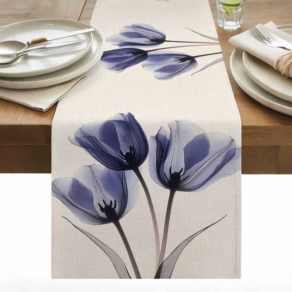 Spring Retro Cotton Linen Table Runner X-ray Image of Dark Purple Tulips Flower Leaf Dining Table Runners for Home Decor Party Dining Room Restaurant Kitchen 13" x 60"