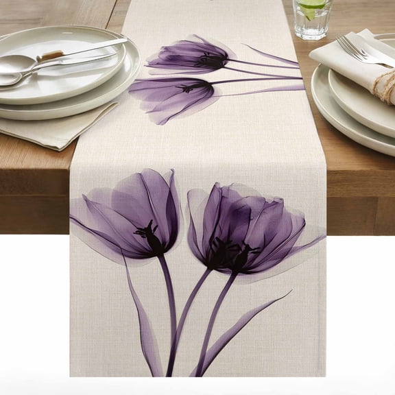 Spring Retro Cotton Linen Table Runner X-ray Image of Purple Tulip Flower Dining Table Runners for Home Decor Party Dining Room Restaurant Kitchen 13" x 60"