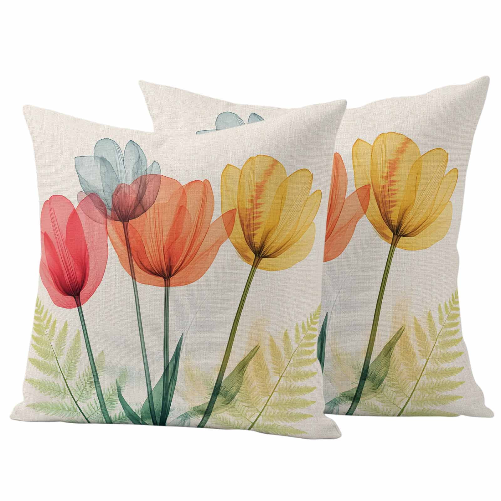 Spring Retro Pillow Covers 2 Pack Orange Yellow Red X-ray Tulips Flower Leaf Pillowcase Waterproof Outdoor Throw Pillow Cover for Patio Garden Square Cushion 18”x18”