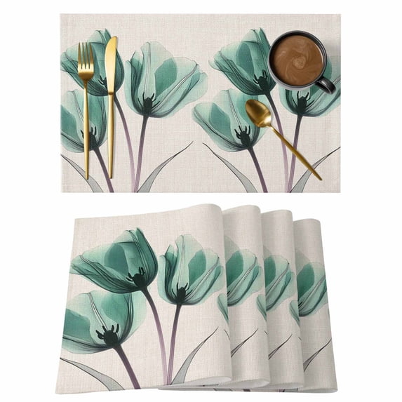 Spring Retro Placemats Set of 1, X-ray Image of Teal Tulips Floral Leaf Beige Non-Slip Place Mats Washable Table Mats for Kitchen Dining Table Decorations Indoor/Outdoor
