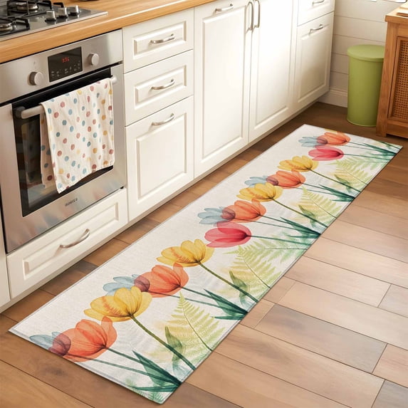 Spring Retro Runner Rugs 2x6 ft Orange Yellow Red X-ray Tulips Flower Leaf Washable Hallway Rugs Non-Slip Floor Mats Absorbent Carpet Bedside Runners for Bedroom Kitchen Bathroom Laundry Room