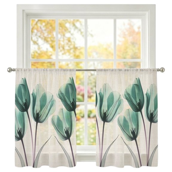Spring Retro Sheer Curtains 45 inches Long, Image of Teal Tulips Floral Leaf Beige Light Filtering Sheer Window Curtains Rod Pocket Voile Drapes for Bedroom Living Room, 2 Panels