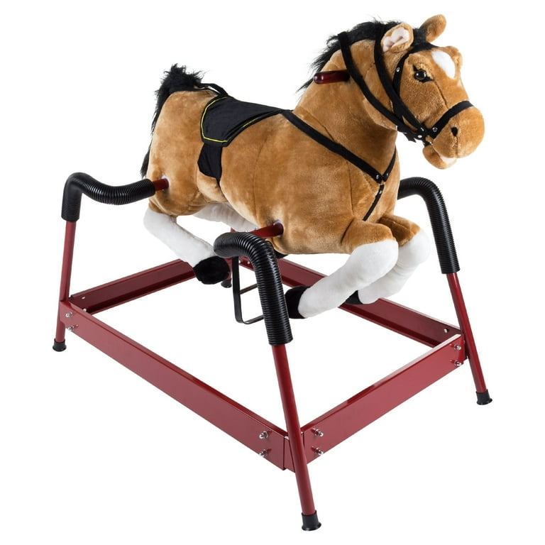 Spring Rocking Horse Brown Plush Ride on Toy with Adjustable Foot Stirrups  and Sounds by Happy Trails 