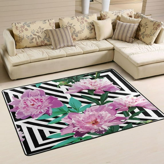 Spring Romantic Peony Non-Slip Area Rug 36"x24", Unique Grid Flower Floor Carpet Comfort Floor Mats Decor for Indoor Front Porch,Living Room, Bedroom,Kitchen