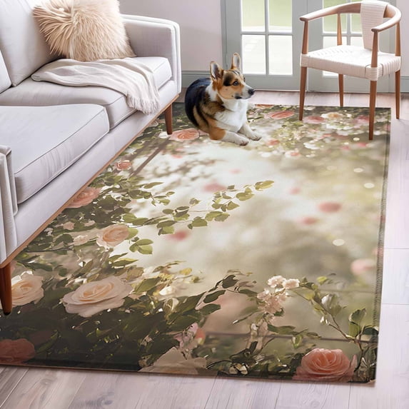 Spring Rose Area Rugs 4x6 ft Pastoral Romantic Plant Washable Rug Non Slip Indoor Carpet Absorbent Floor Mat for Living Room Bedroom Dining Room