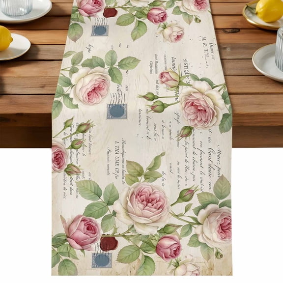 Spring Rose Bouquet Table Runner, Rustic Vintage Pink Flower Floral Green Leaves Washable Kitchen Table Runners Dress Scarves for Dining Table Decorations Party/Restaurant/Indoor Outdoor Use, 13x36in