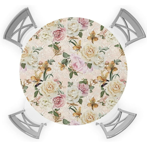 Spring Rose Flower Kitchen Fitted Tablecloth for Round Table Cover with Elastic Edge,Aesthetic Floral Superposition Waterproof Table Cloth,Pastoral Botanical Circle Table Covers for Indoor 36-44in