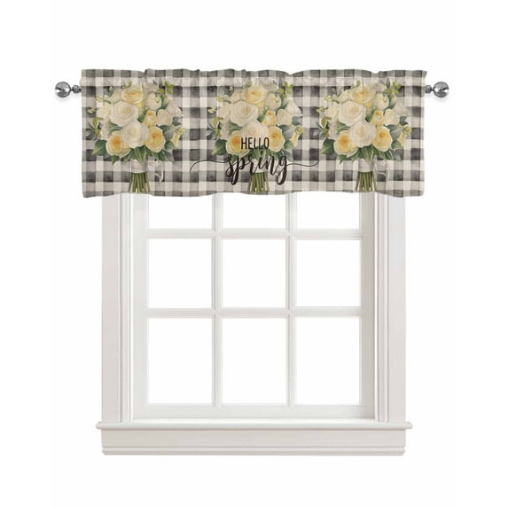 Spring Rose Flower Linen Curtain Valance for Bedroom/Bathroom/Kitchen/Office/Living/Dining Room Window,Retro Black White Buffalo Plaid Rod Pocket Topper Decorative Cafe Drapes Panel 42"x12"
