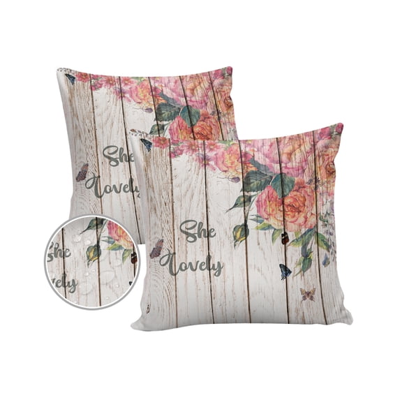Spring Rose Flowers on Wood Plank Outdoor Pillow Covers Set of 2, Decorative Waterproof Throw Pillow Case, Watercolor Floral Cotton Linen Soft Cozy Cushion Pillowcases