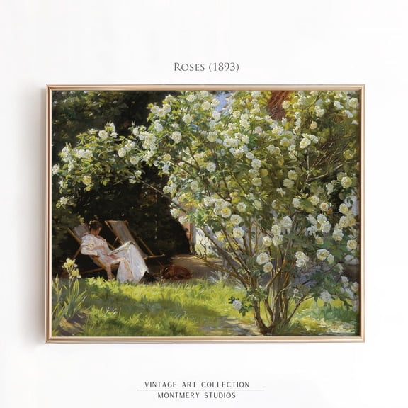 Spring Rose Garden Print, P.S. Krøyer Roses, Vintage French Country Wall Art, Reading Woman, White Roses, Kroyer Reading Garden Poster, Unframed Poster Size 8x12 F03.1.19l388