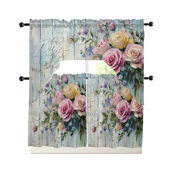 Spring Rose Kitchen Curtains Sets 36 Inch Length with Valance, Floral Leaves Botanical Rustic Wood Board Swag Valances and Tiers Curtain Set Drapes Swag Curtains for Living Room, Bathroom, Bedroom