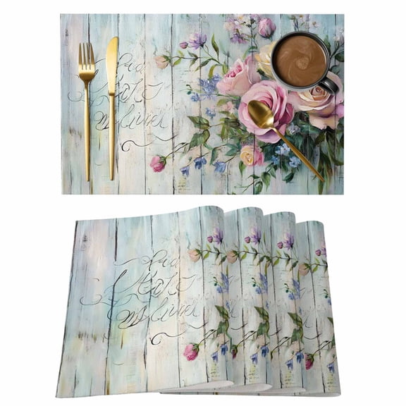 Spring Rose Placemats Set of 8 Floral Leaves Botanical Rustic Wood Board Place Mats Indoor Wipeable Table Mats Washable Cloth Dining Table Placemats for Kitchen Holiday Party Home Decor 13x19 Inch