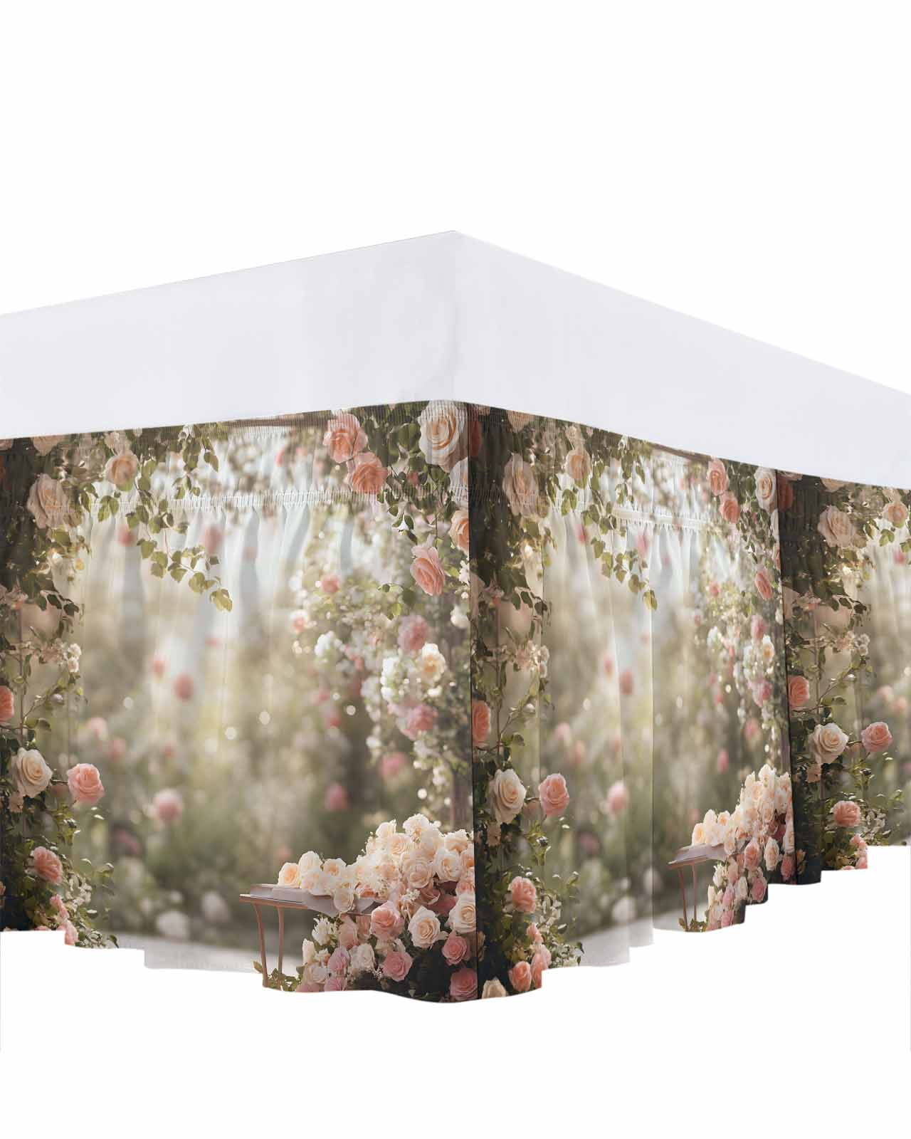 Spring Rose Ruffle Bed Skirt King Size Pastoral Romantic Plant Adjustable Elastic Dust Bed Skirts Wrap Around Bedskirt Wrinkle Free Easy Fit with 16 Inch Drop