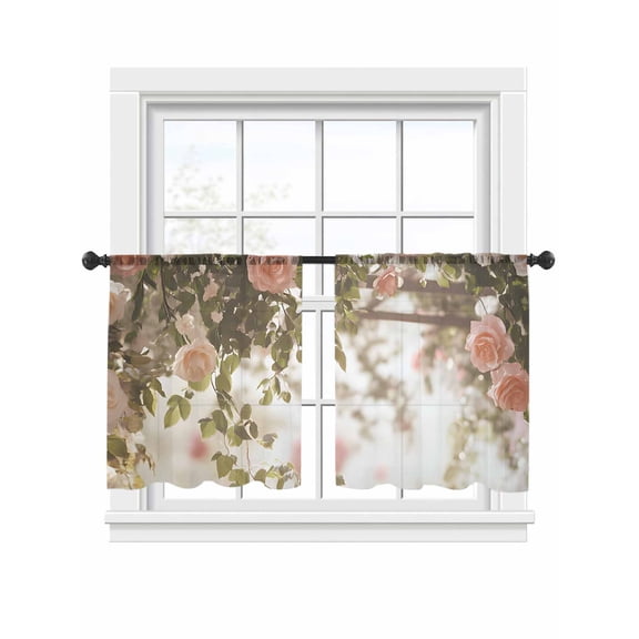 Spring Rose Sheer Curtains 54 Inch Long 2 Panels, Pastoral Romantic Plant Light Filtering Rod Pocket Semi Sheer Curtains, Sheer Voile Drapes for Living Room Bedroom, 52"x54"