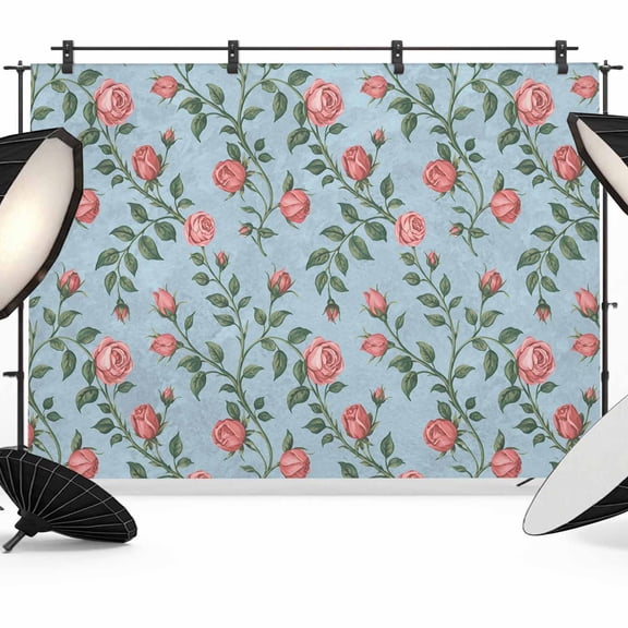 Spring Roses Botanical Backdrop for Photography, Fabric Photo Background Backdrop, Farmhouse Floral Blue Photo Booth Background for Portrait Photoshoot Video Wedding Studio Decoration Banner 8x6ft
