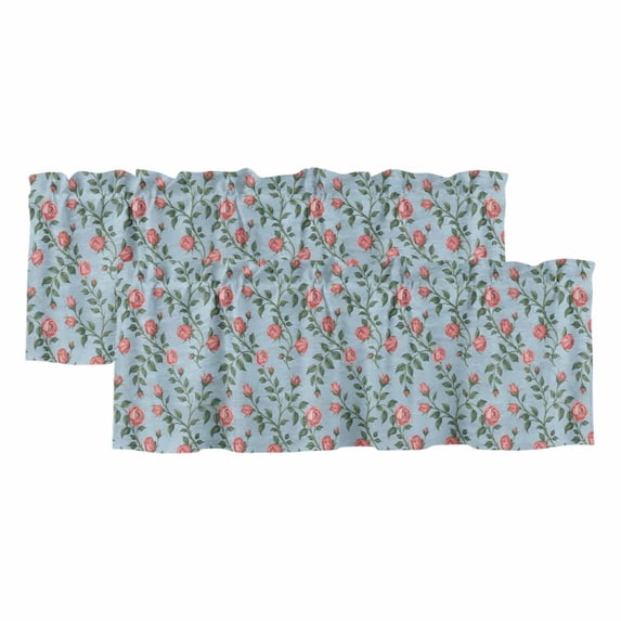 Spring Roses Botanical Curtain Valances for Windows, Kitchen Valance Window Treatments Panel 2 Pack, Farmhouse Floral Blue Rod Pocket Short Curtains for Bathroom Bedroom 42 x 12 Inch